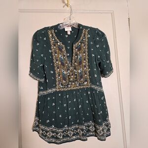 Knox Rose Dark Green Blouse with Red and White Embroidery